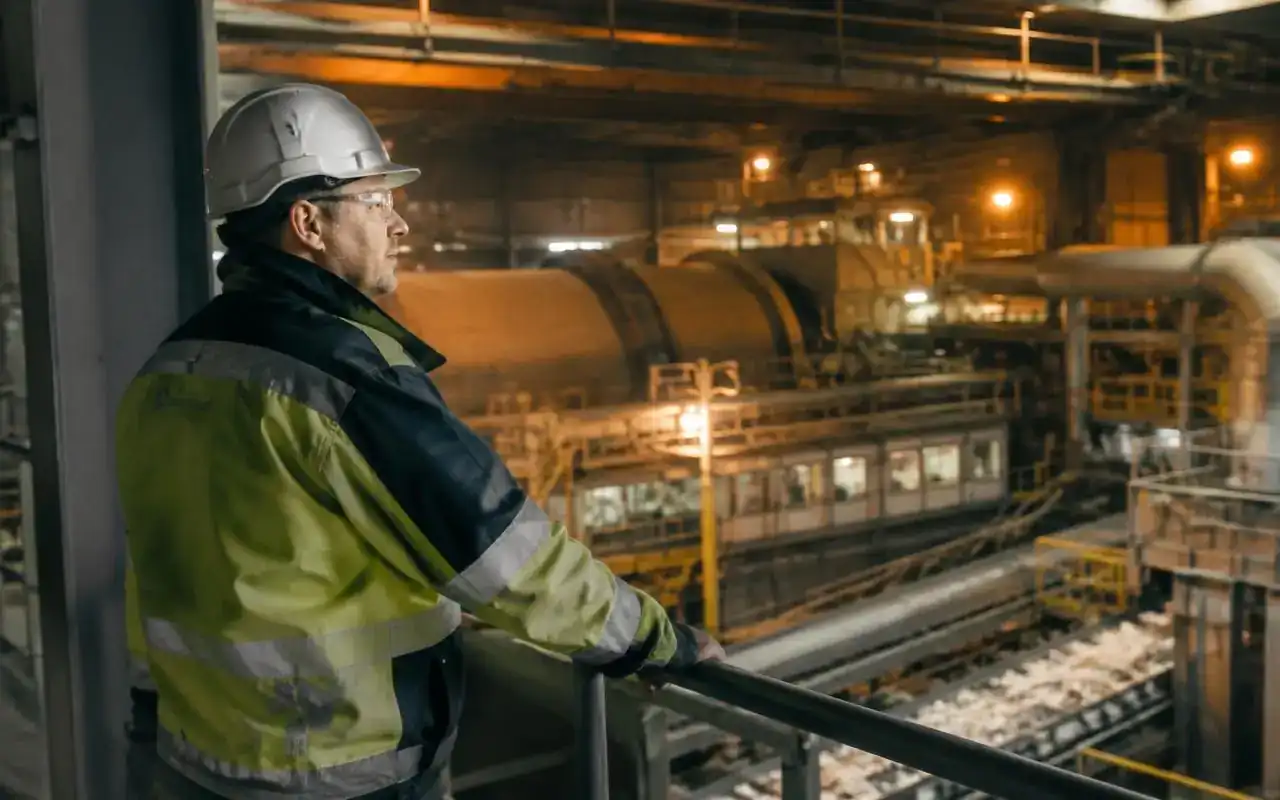 Platschef med skyddshjälm blickar ut över en processindustri