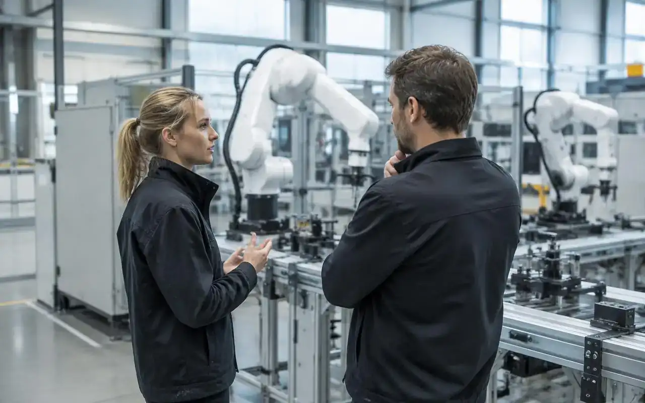 Produktionschef och ingenjör diskuterar vid en automatiserad produktionslina
