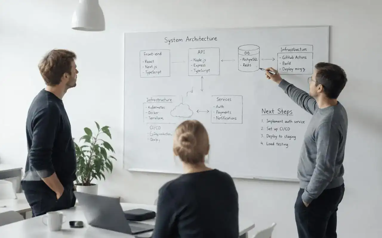 Utvecklingsteam går igenom en systemarkitektur vid en whiteboard