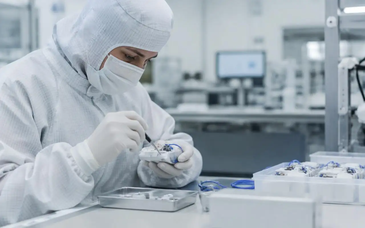 Specialist i renrum monterar en medicinteknisk produkt