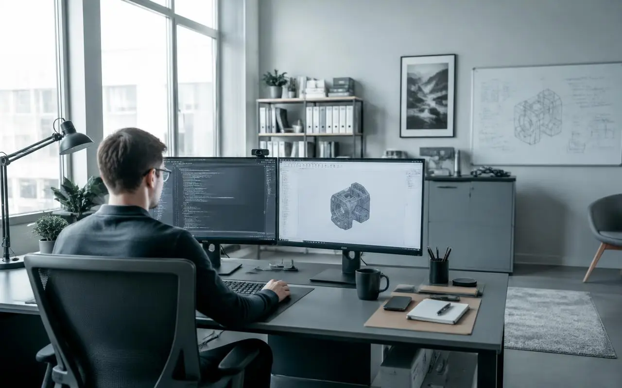 Ingenjör vid skrivbord med kod och 3D-ritning på skärmarna